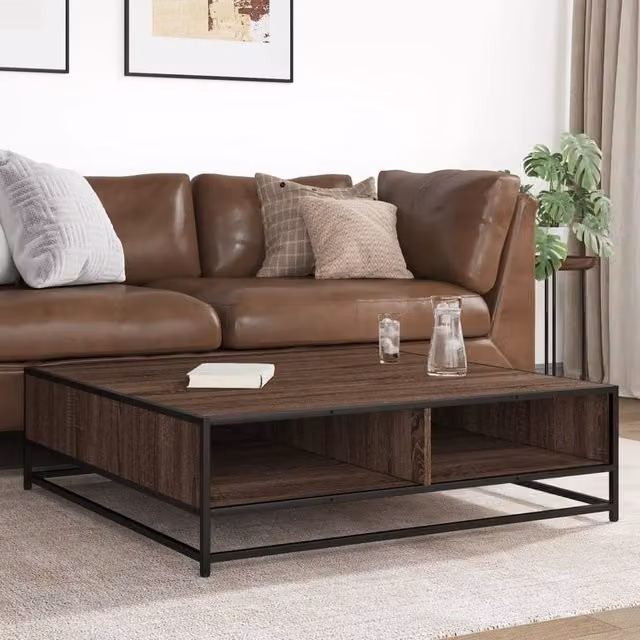Berkfield Home Industrial Square Coffee Table in Brown Oak and Black, W/D/H: 100 x 100 x 30 cm