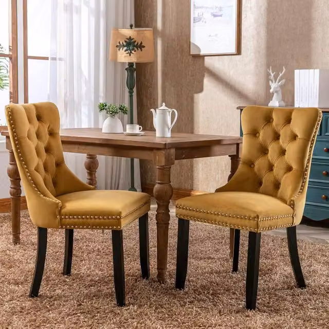 Modern Home Touch Romsey Set of 2 Yellow Velvet Upholstered Dining Chairs with Oak Legs and Knocker Ring Back