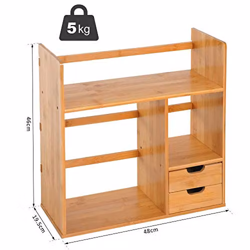 HOMCOM Bamboo Desk Organiser and Desktop Bookshelf with 2 Drawers, Brown, W: 48.0 cm, D: 19.5 cm, H: 46.0 cm – 3