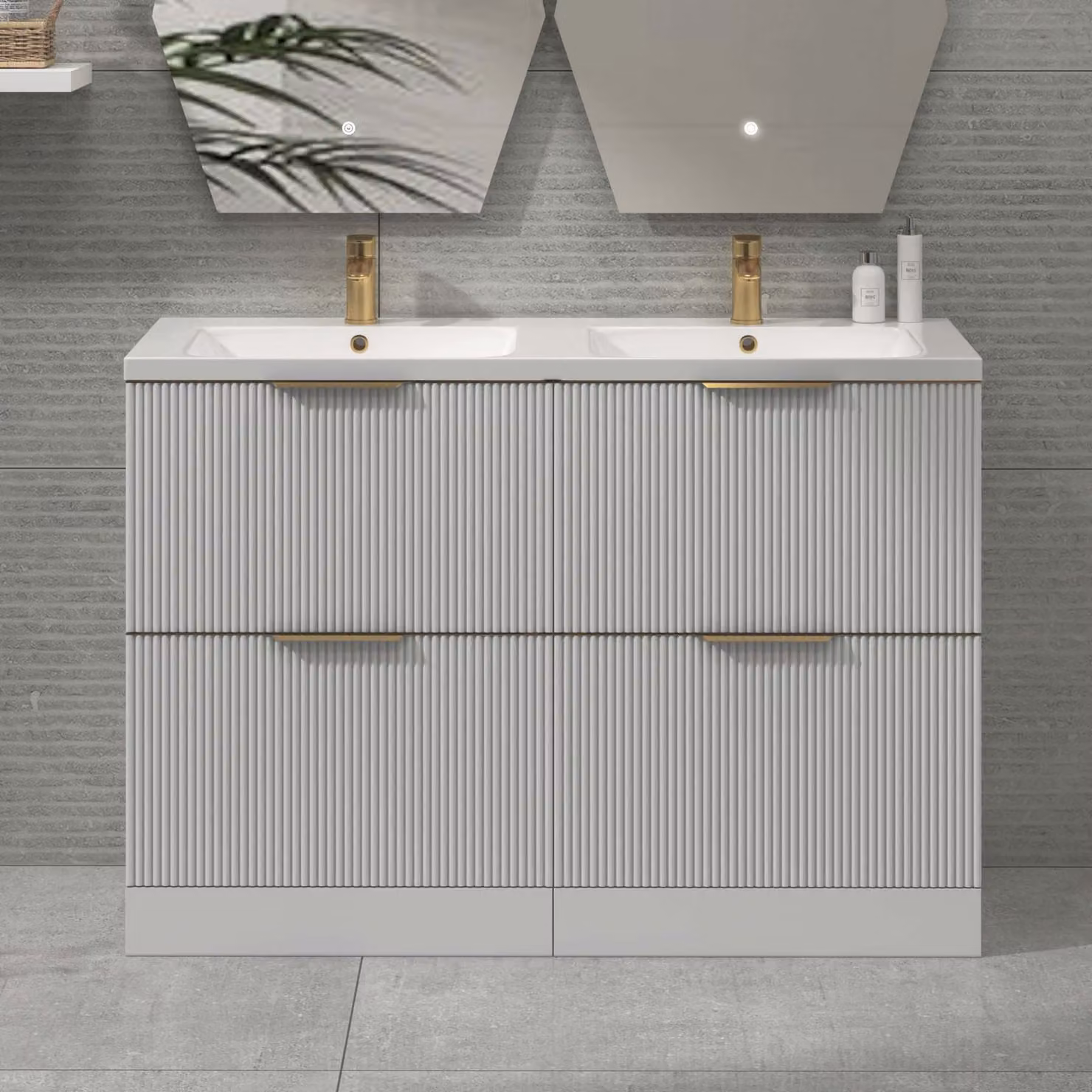 Royal Bathrooms Evora 1200mm Matt White Fluted Floor Standing 4 Drawer Vanity Unit with Ceramic Basin and Brushed Brass Handles