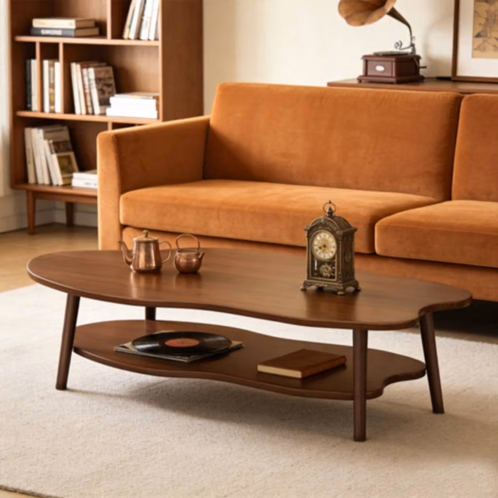 KORVIXA Modern Brown 2-Layer Oval Wood Coffee Table with Serving Tiers – 2