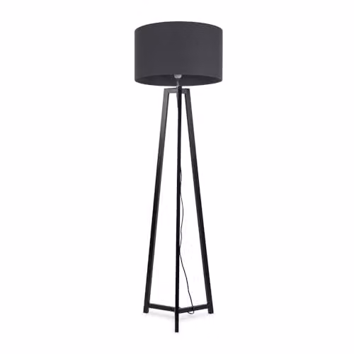 ValueLights Black Wood Tripod Floor Lamp with Charcoal Grey Fabric Drum Lampshade and Included LED Bulb