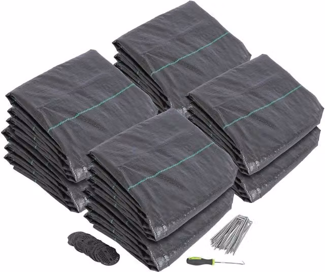 Harbour Housewares 110gsm Weed Control Membrane with Pegs and Plates, Black, 8 Rolls (W: 100 cm, L: 4 m per roll)