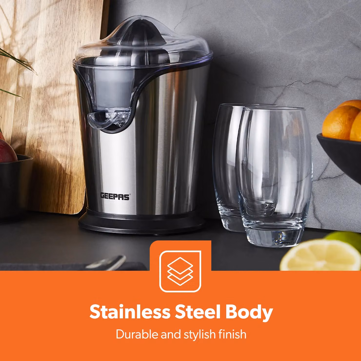 Geepas 100W Electric Citrus Juicer and Orange Squeezer in Metallic Silver – 3
