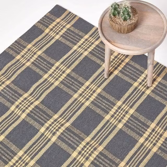 Homescapes Douglas Tartan Check Wool Rug in Grey and Yellow, 120 cm