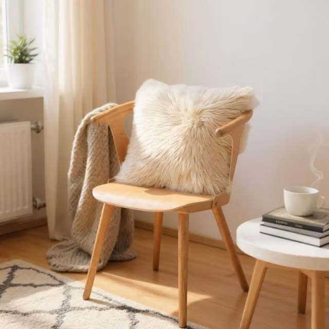 Infinity Leather Beige Real Wool Sheepskin Cushion, W/D/H: 40 x 40 x 40 cm