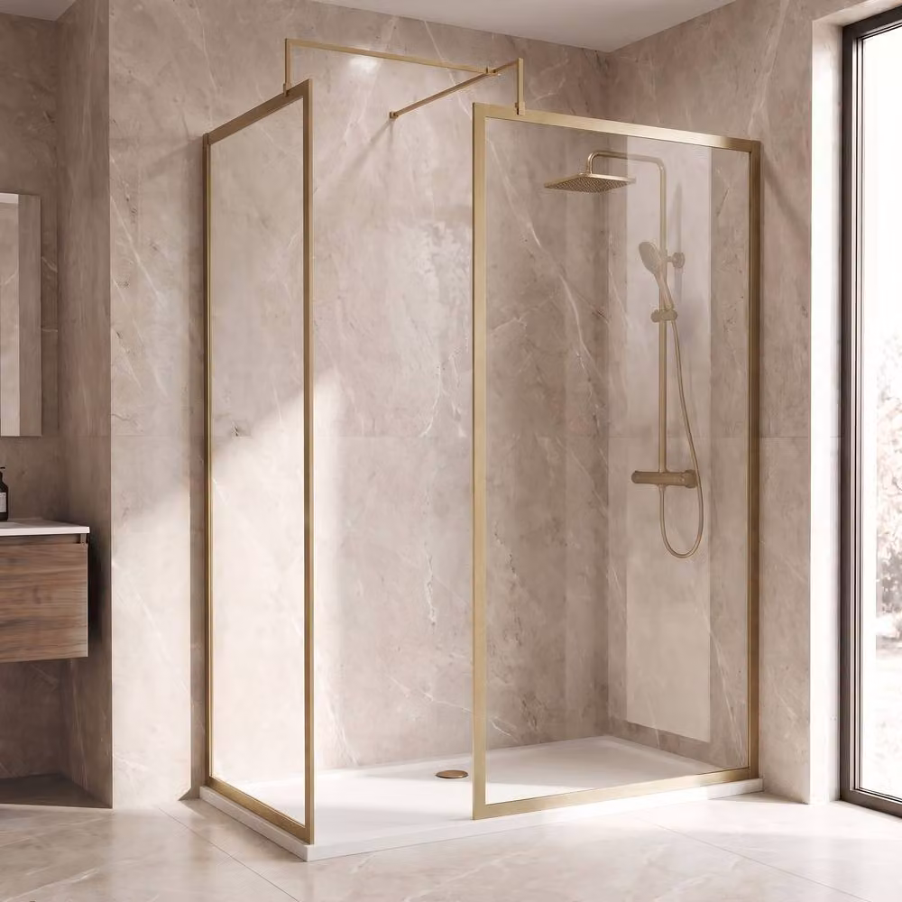 Balterley Framed Walk-In Wetroom Bundle with Rectangular Tray, Brushed Brass and Gold, W: 1500 mm, D: 700 mm – 2