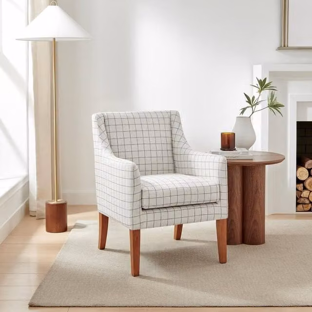 FurnitureboxUK Aubrey Beige Check Fabric Wingback Accent Armchair – 1