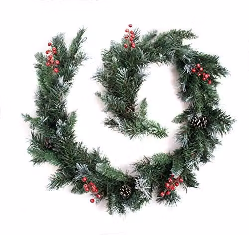Best Artificial Deluxe Frosted Christmas Garland with Pine Cones and Red Berries in Green and Red, 6ft