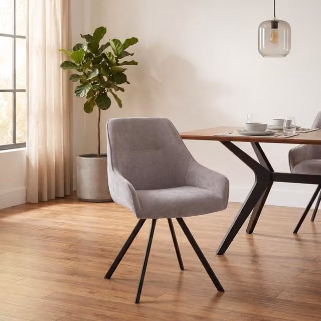 Shankar Modern Swivel Dining Chairs with Armrests and Headrest in Beige and Grey Fabric with Metal Legs