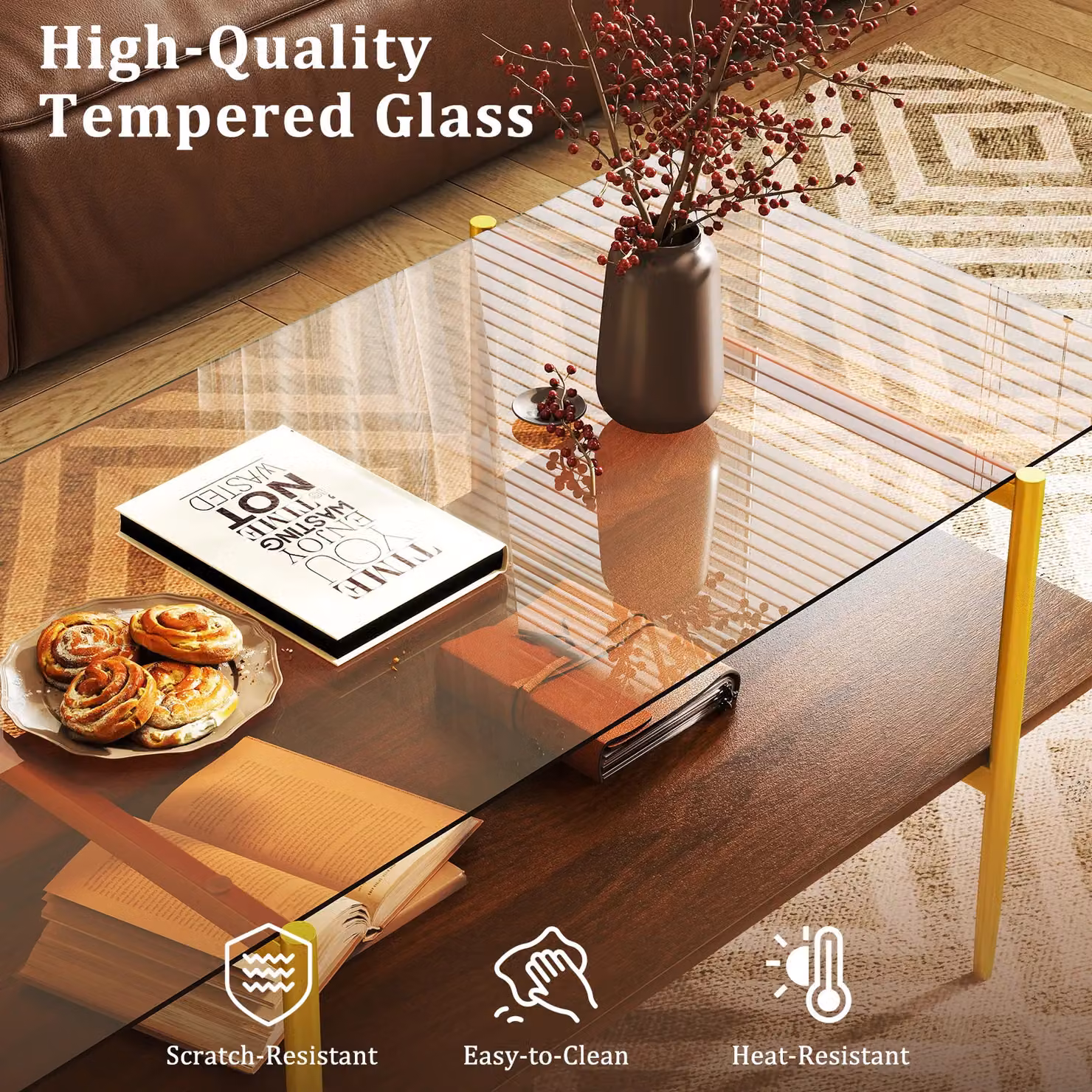 Costway 2-Tier Rectangular Glass Coffee Table with Storage Shelf in Brown and Gold – 7