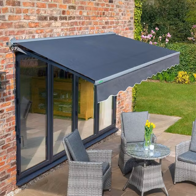 Primrose Semi-Cassette Electric Retractable Awning in Anthracite Grey with Aluminium Frame, 4m