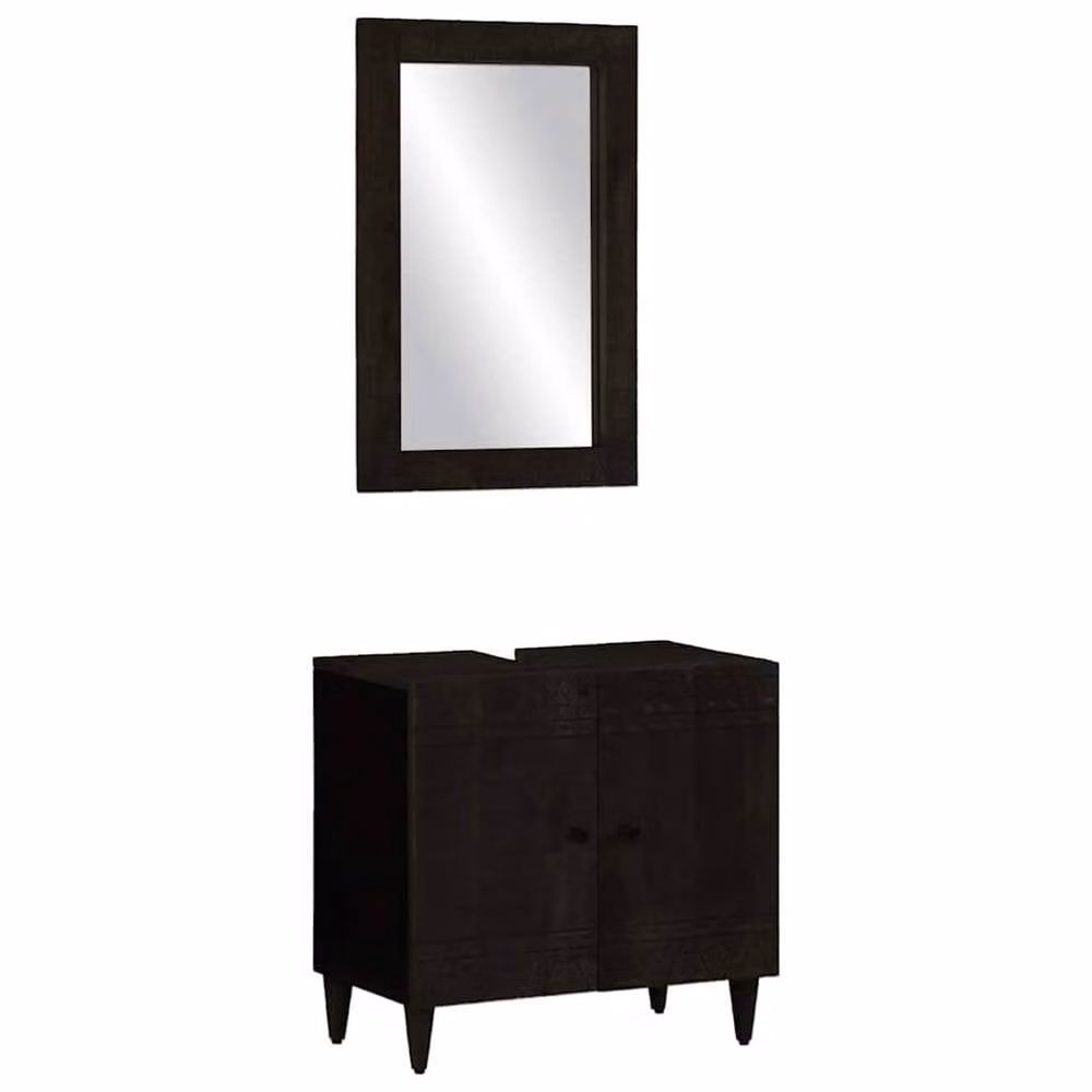 Berkfield Home 2 Piece Black Mango Wood Bathroom Furniture Set with Vanity Unit and Mirror Cabinet – 2