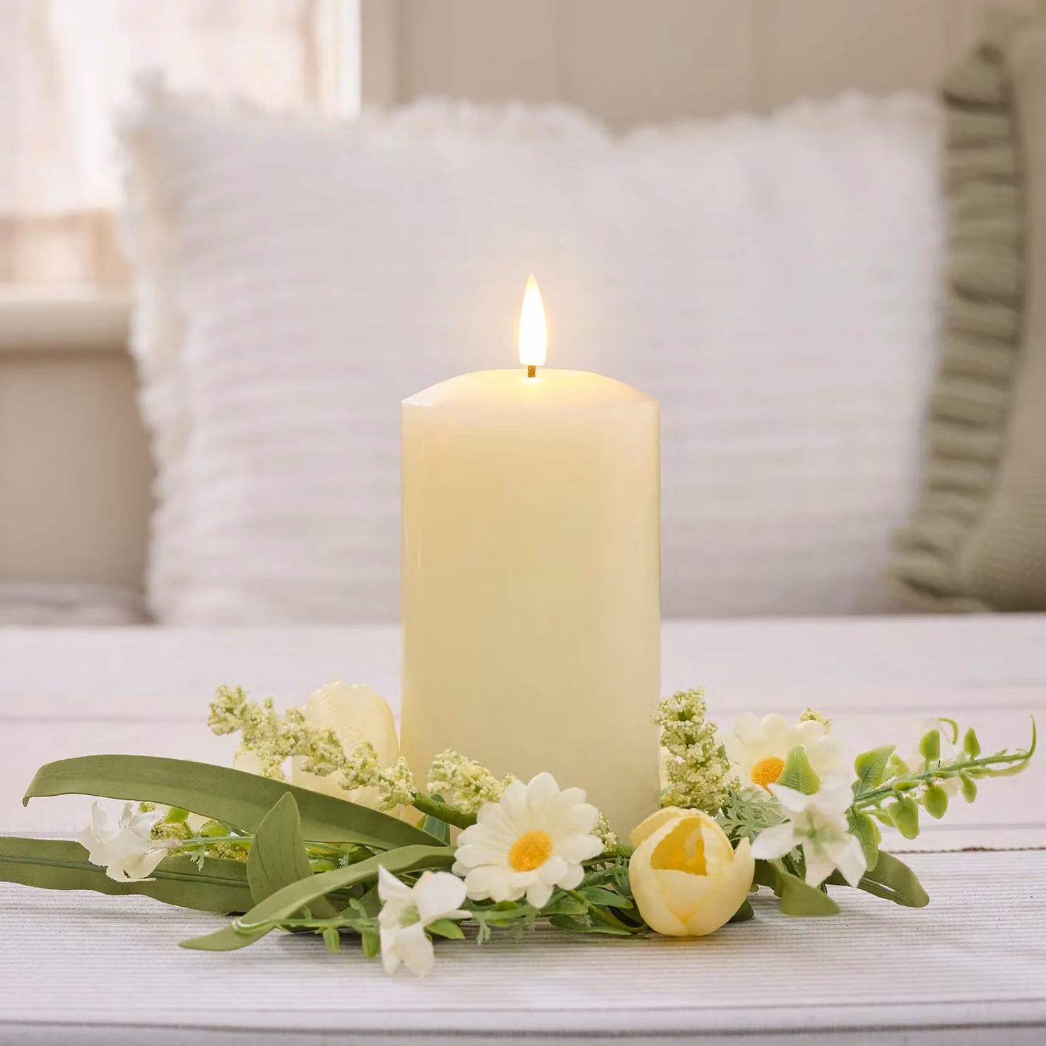 Lights4fun Butter Yellow Tulip and Daisy Wreath Candle Ring with 15cm TruGlow LED Pillar Candle Bundle