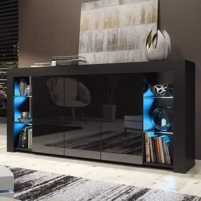 Mex Furniture LTD Modern Black Gloss Sideboard with LED Lighting, W: 164 cm, H: 83 cm, D: 35 cm