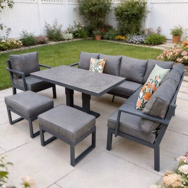 Furniture One Black and Grey 9 Seater Aluminium Garden Dining Rising Table Set