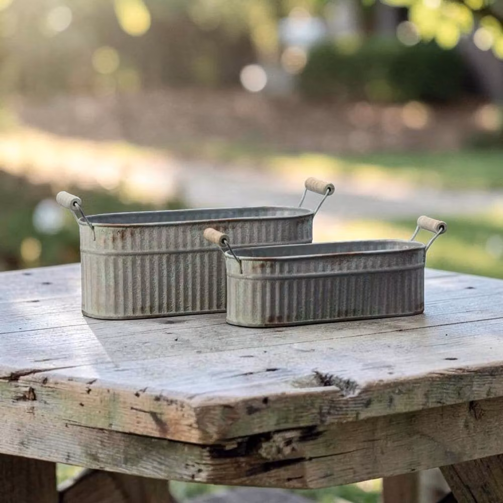 Four Candle Set of 2 Vintage Whitewashed Zinc Troughs in Grey, W/D/H: 28.0 x 11.0 x 10.0 cm – 2