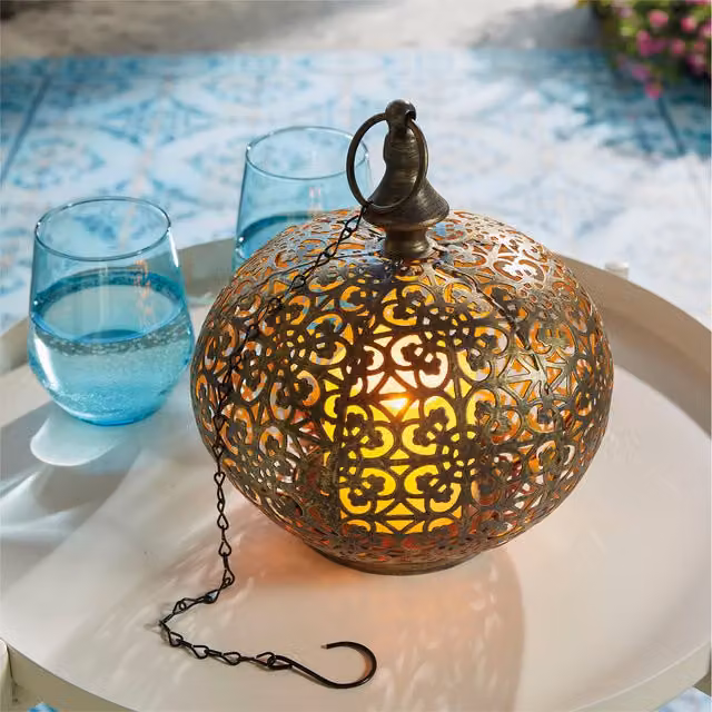 Luxform Moroccan Style LED Garden Hanging Lantern Light with Timer, Bronze Effect