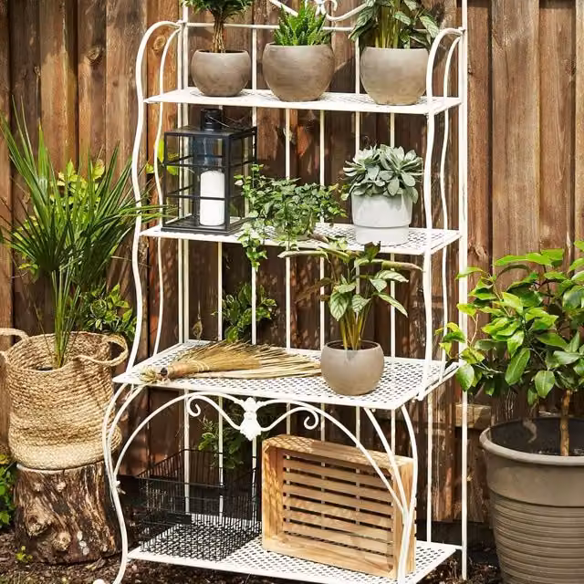 Wyld Haus Retro 4-Shelf Metal Plant Stand in Matt Beige for Indoor and Outdoor Use – 1