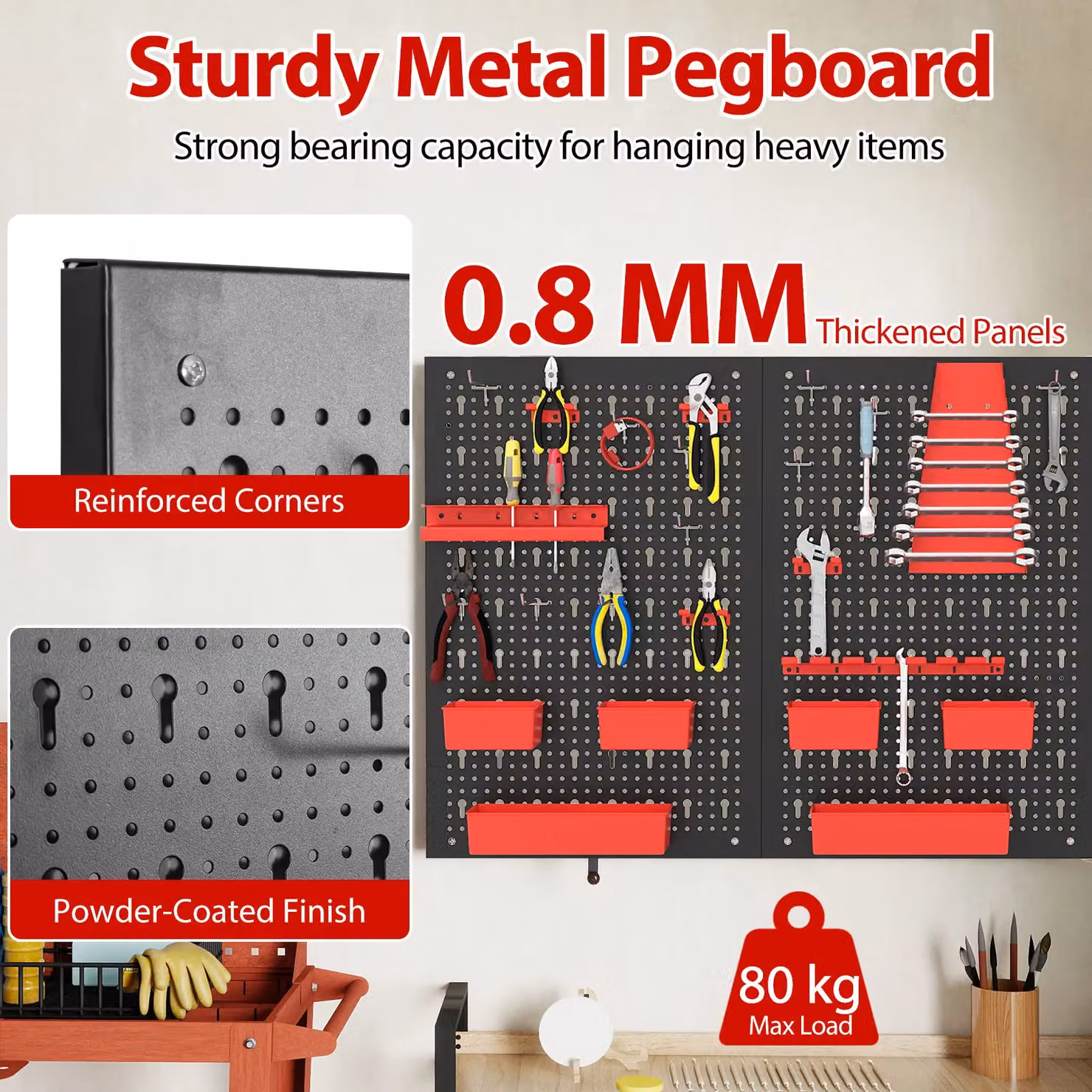 Costway Pegboard Wall Organizer with 9-Bin Parts Rack and Hammer Racks, Red, W/D/H: 120 x 64 x 60 cm – 8