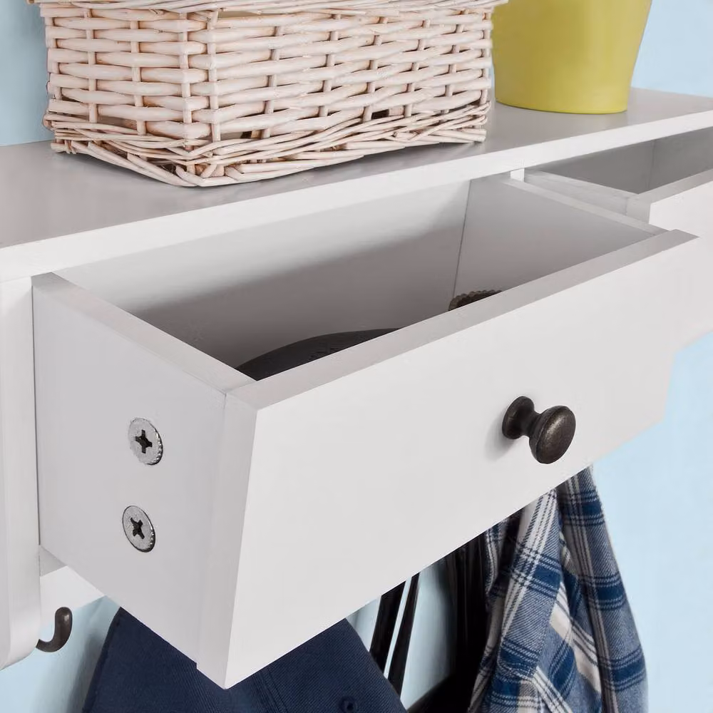 SoBuy Modern Wall-Mounted Coat Rack with Dual Drawers and Shelf in White – 2