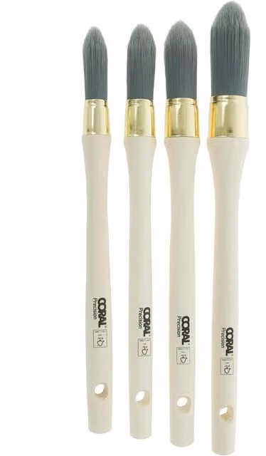 Coral Precision Round Sash Paint Brush Set of 4 with Synthetic Loss-Free Bristles and Wood Handles, Sizes 15mm, 18mm, 21mm, 25mm