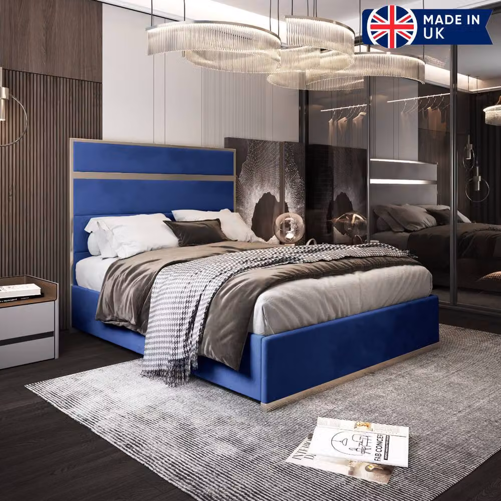KDMD Horringer Double Bed Frame in Blue Soft Velvet and Metal – 3