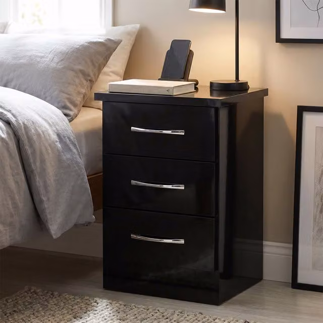 Seconique Nevada 3 Drawer Bedside Table in Black Gloss
