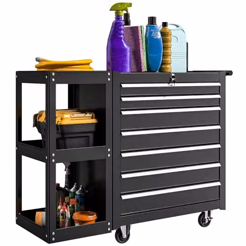 HOMCOM 7 Drawer Lockable Steel Tool Chest on Wheels, Black, W/D/H: 120 x 40 x 66 cm
