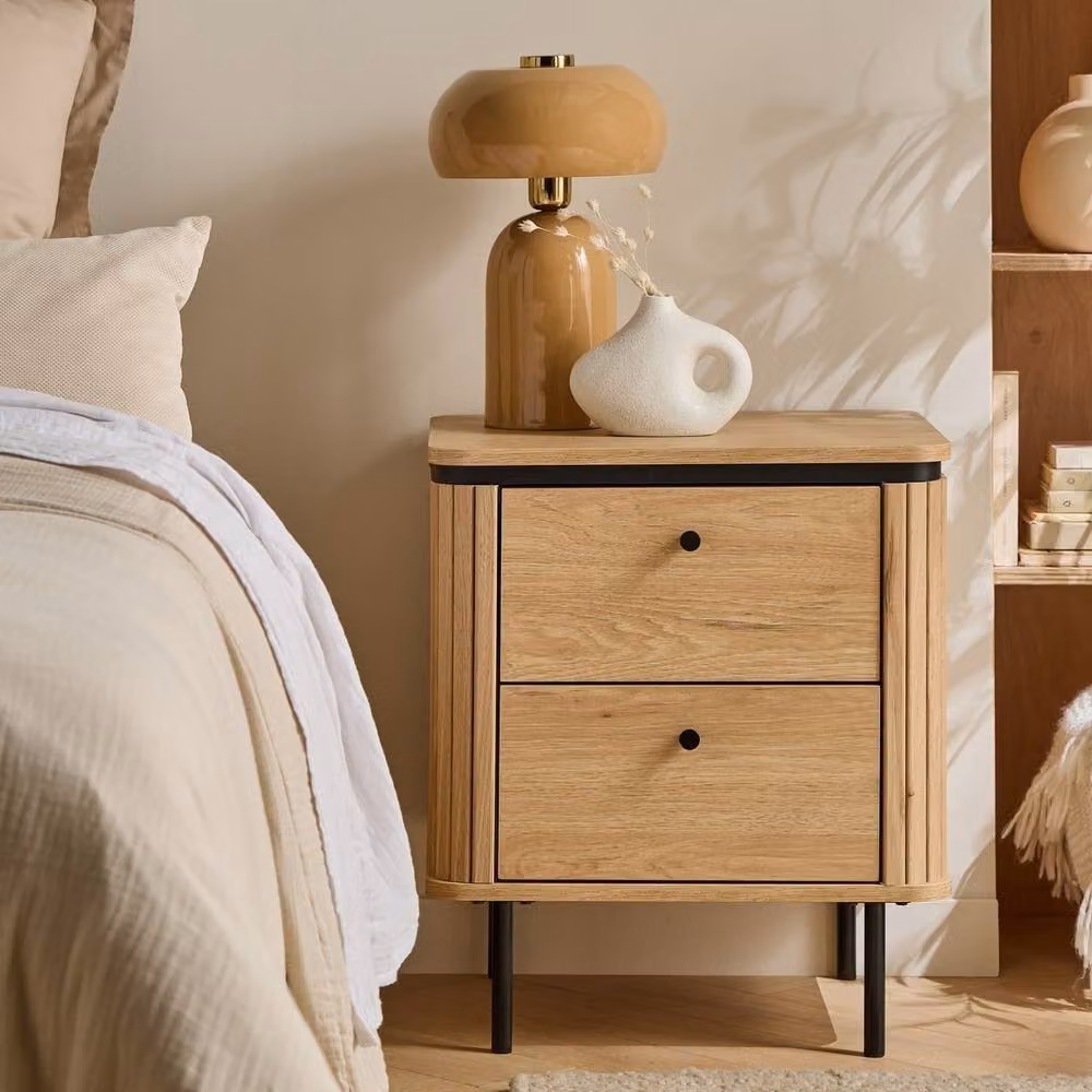 CALICOSY Bedside Table with 2 Drawers and Grooved-Effect Sides, Light Brown, Height: 55 cm – 2