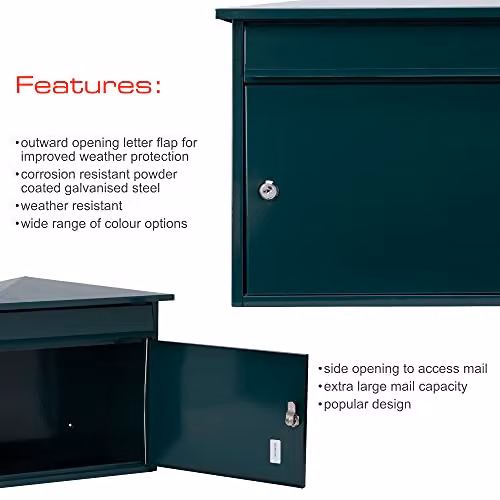 Burg-Wächter MB15G Mersey Large Wall Mounted Galvanised Steel Post Box, Green, W: 39.0 cm, D: 34.7 cm, H: 20.6 cm – 2