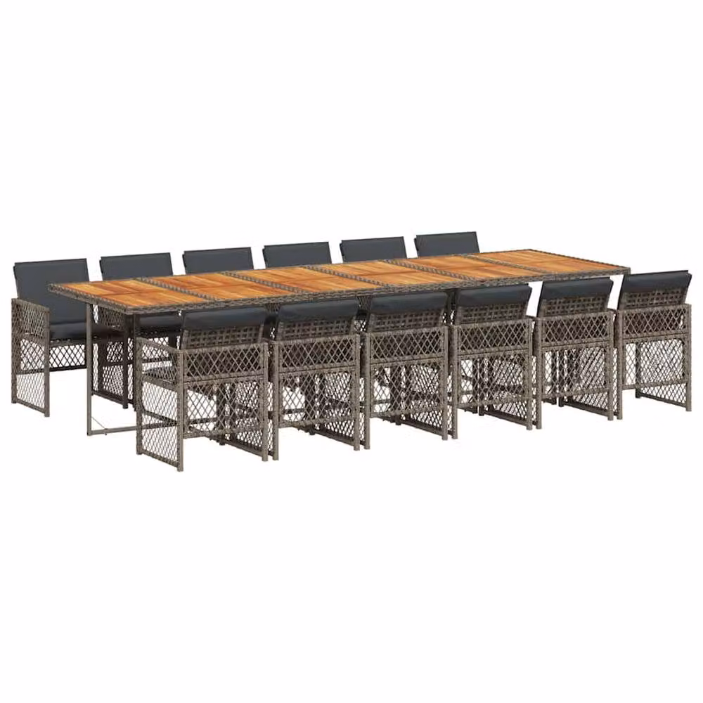 Berkfield Home 13 Piece Grey Poly Rattan Garden Dining Set with Acacia Wood and Cushions – 2