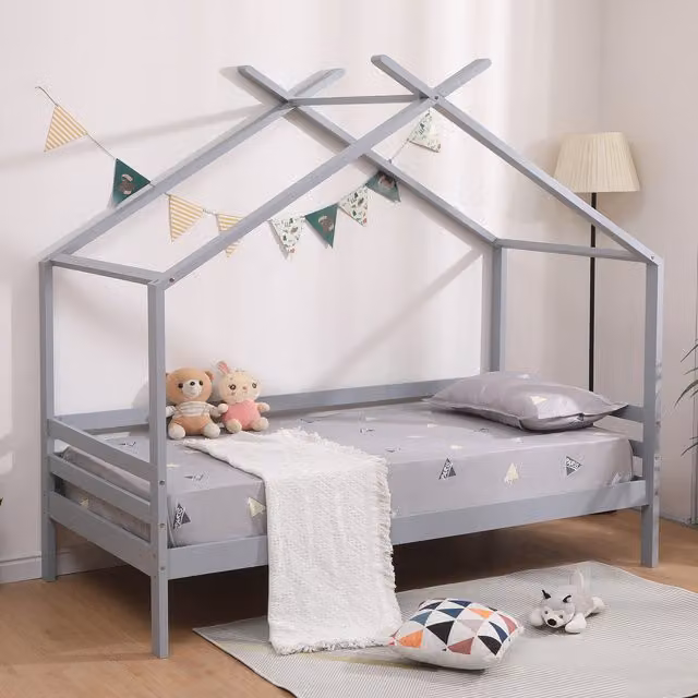 SlumberWorx Teddy Kids Wooden House Single Bed Frame in Grey, Solid Pine, 90 x 190 cm