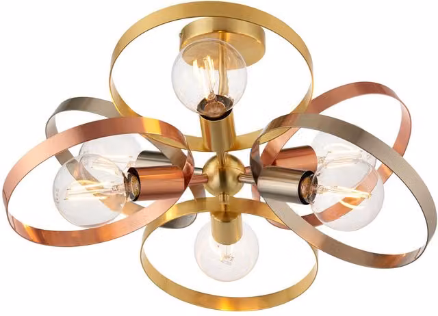 Endon Hoop Multi Arm Semi Flush Ceiling Light in Satin Brass and Brushed Copper Plate