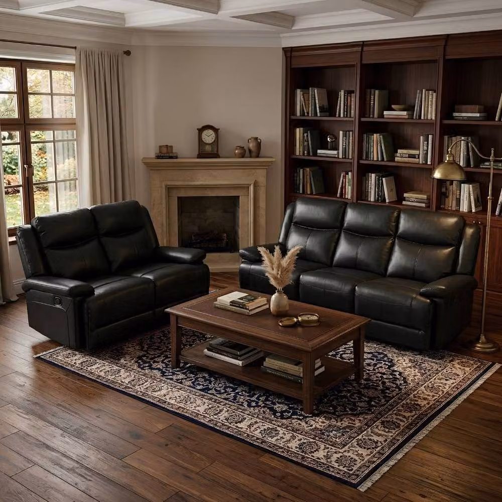 HOME LUXE INTERIOR Casper Black Leather 3 and 2 Seater Manual Recliner Sofa Set Pack – 3