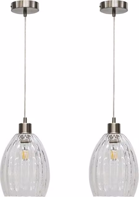First Choice Lighting Birch Set of 2 Transparent Fluted Glass Pendant Lights with Silver Satin Nickel Fittings – 1