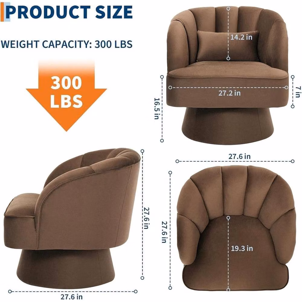 VOGREX Modern Brown Velvet Swivel Accent Armchair with Back Cushion – 2