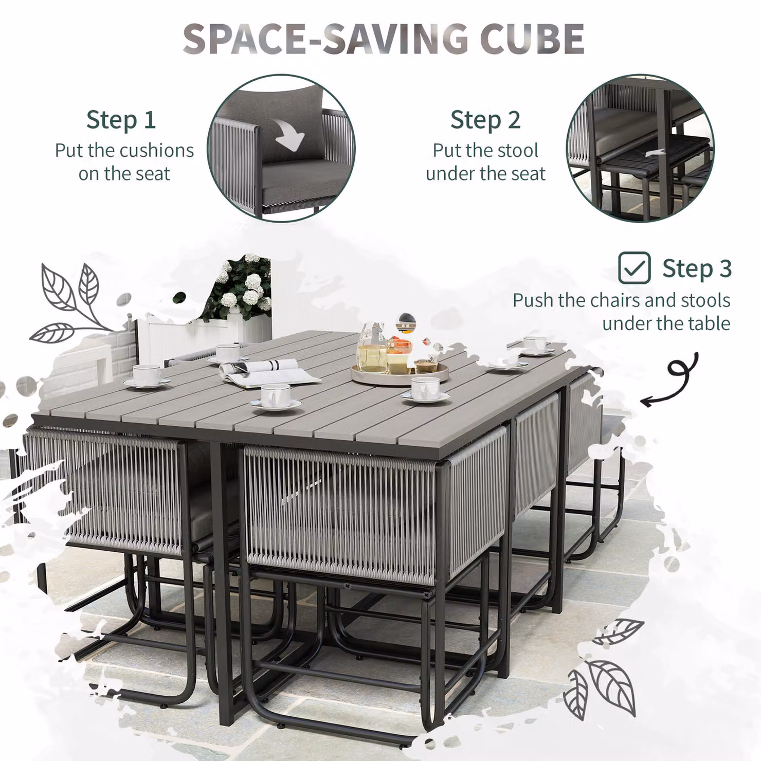 Outsunny 10 Seater Rattan Cube Garden Furniture Set in Grey with Cushions and Rectangular Wood Grain Plastic Top Table – 5
