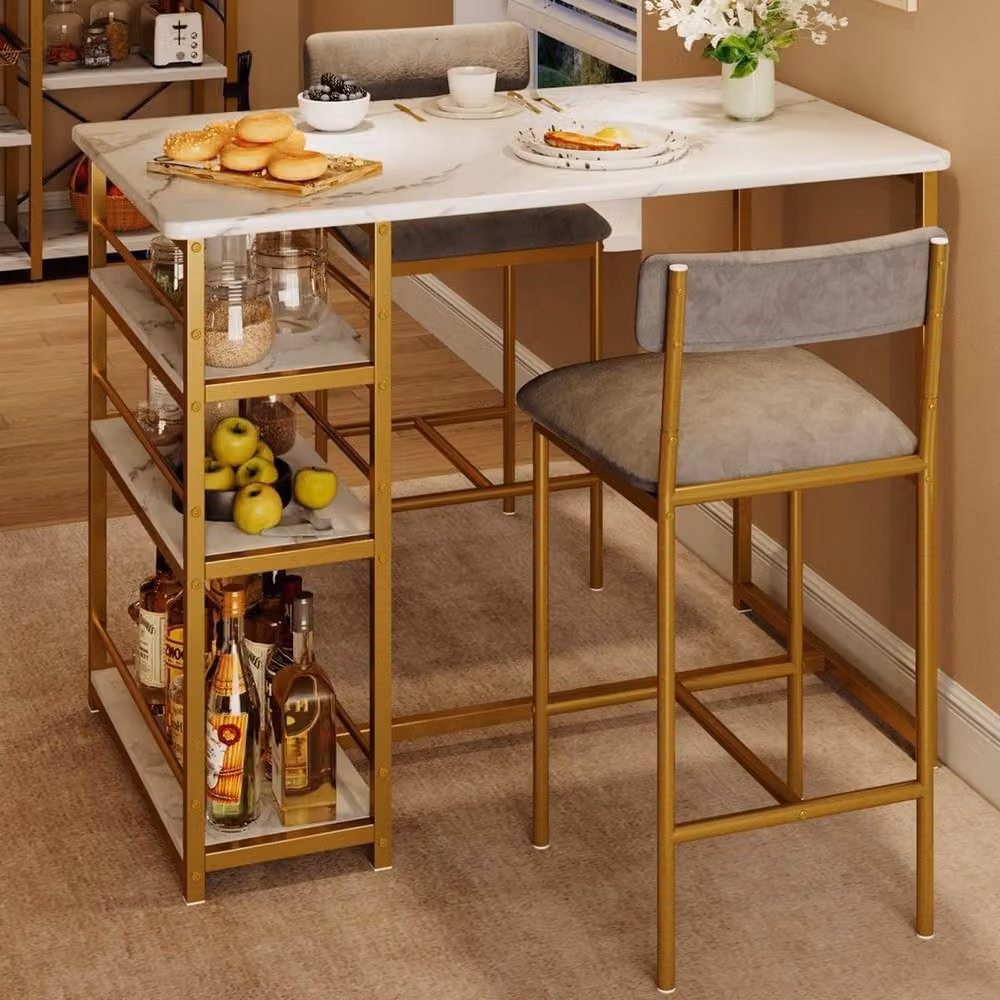 Kelvenix 3 Piece Modern Gold Dining Table and Chairs Set with Marble Effect Rectangular Table – 3
