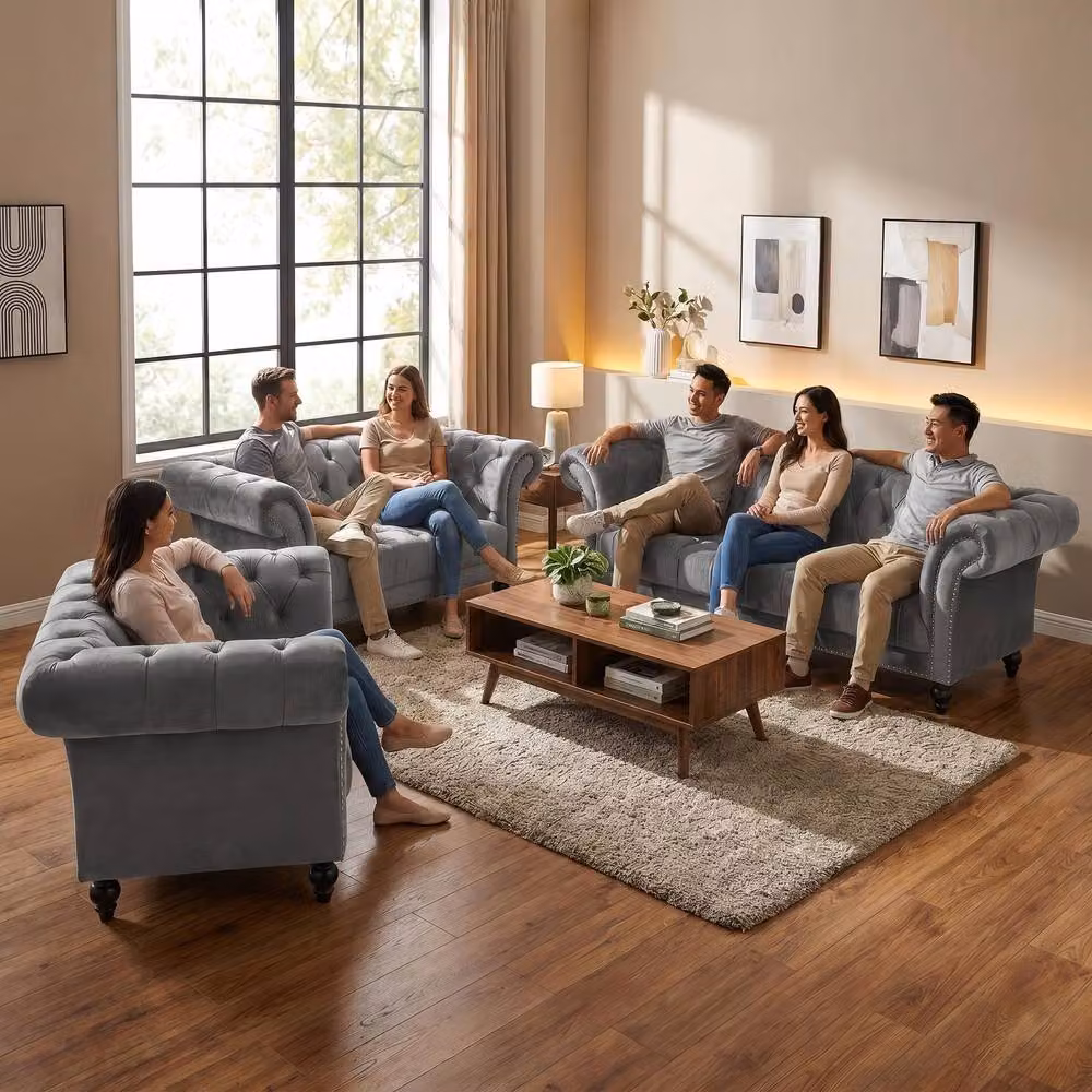 Bravich LTD 3 Seater Chesterfield Velvet Sofa in Grey with Rolled Arms and Buttoned Back – 3
