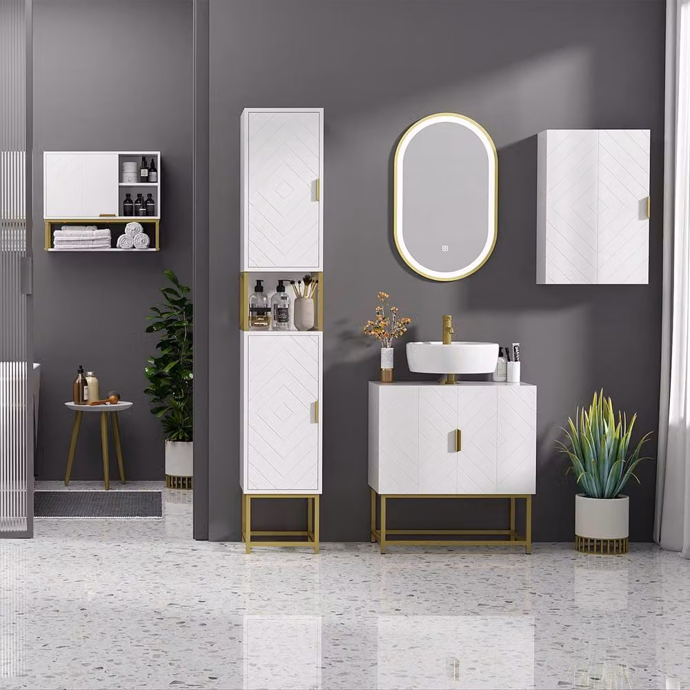 STILVORA Modern White and Gold Freestanding Bathroom Storage Cabinet with Hinged Doors and Internal Shelves – 4