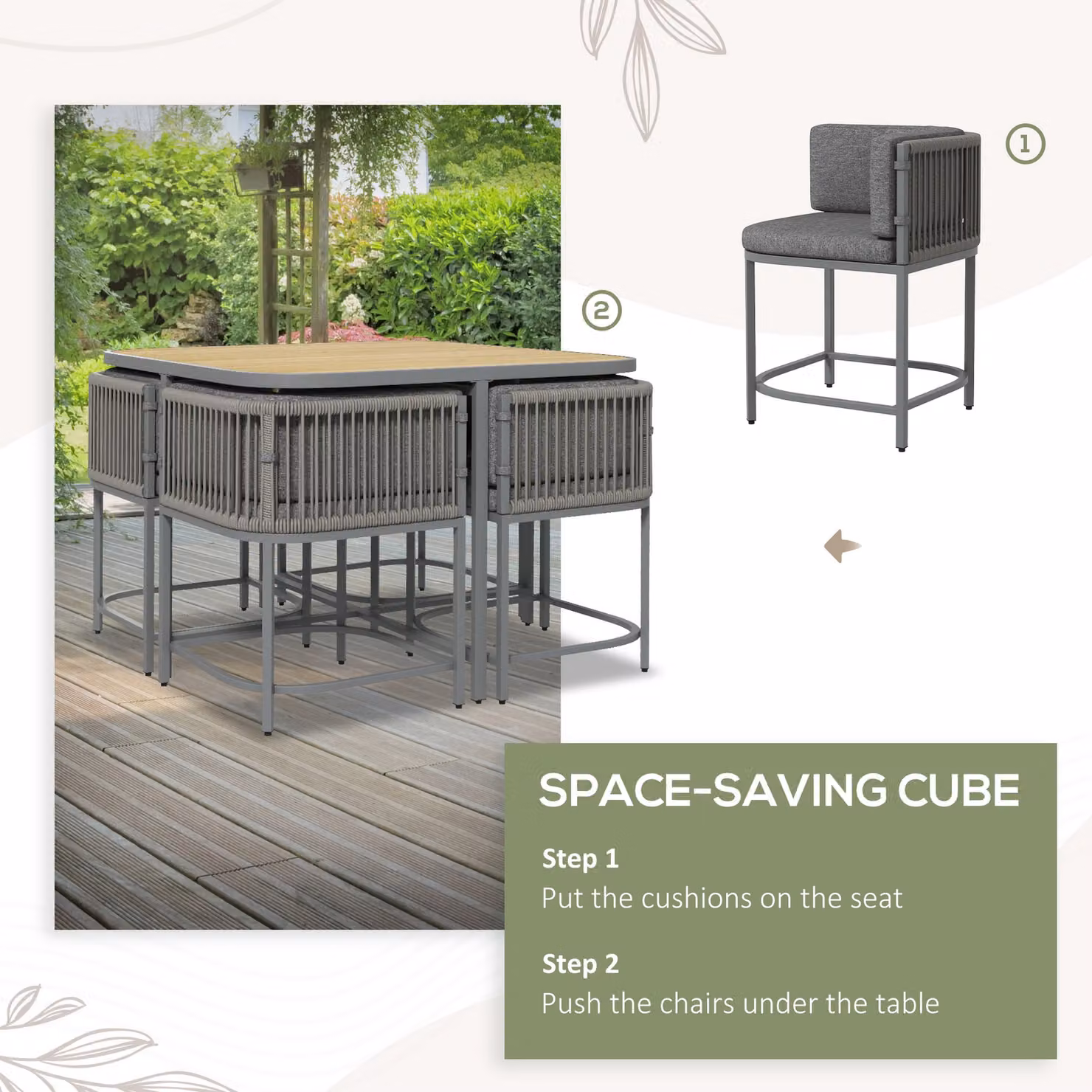 Outsunny 5 Piece Rattan Cube Garden Dining Set with Cushions in Grey – 6