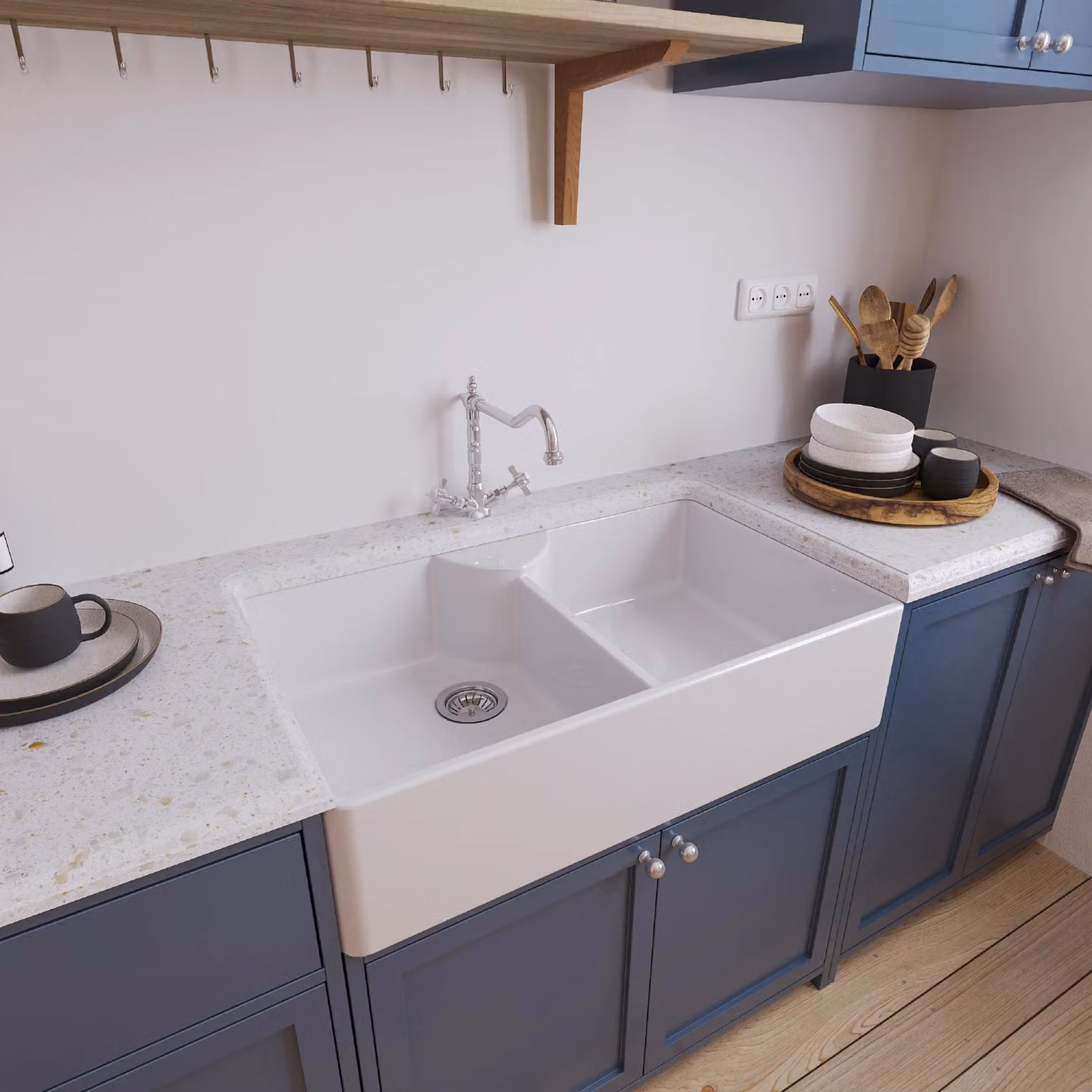 Balterley White Ceramic 2 Bowl Stepped Weir Butler Sink with Tap Ledge and Waste, W: 89.5 cm – 3