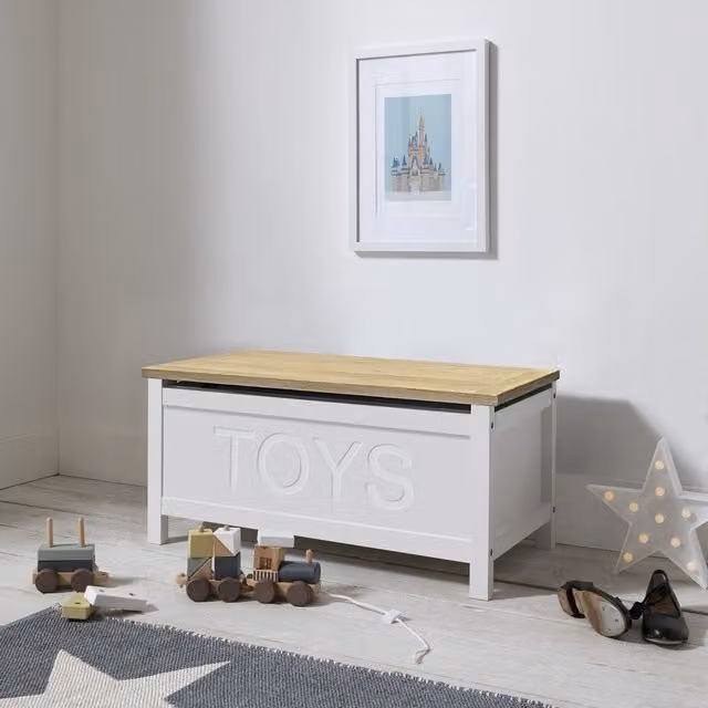 Noa and Nani Leines Modern White Pine Wood Toy Box Storage Chest with Removable Lid