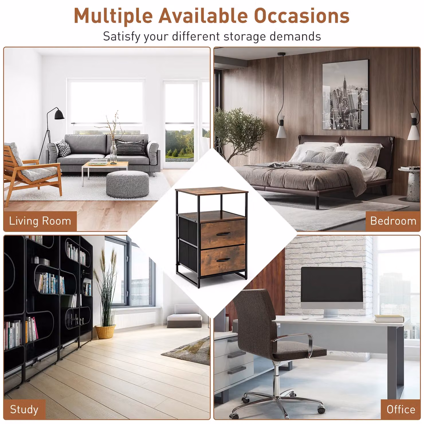 Costway Industrial 2-Drawer Storage Cabinet Dresser with Removable Fabric Drawers in Brown – 5