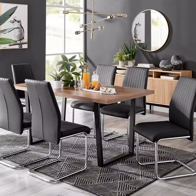 FurnitureboxUK Kylo Large Brown Wood Effect Dining Table and 6 Black Lorenzo Faux Leather Chairs – 1