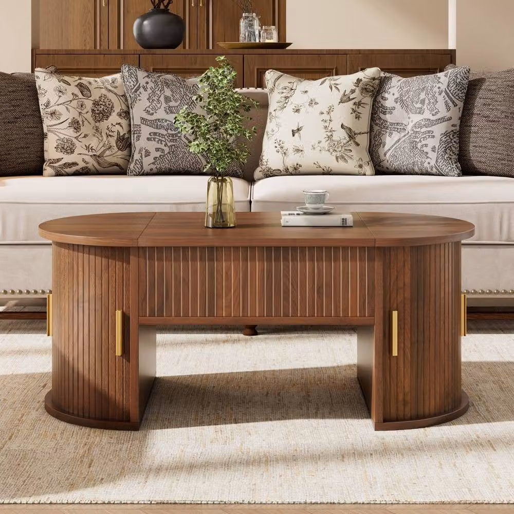BTM Height Adjustable Coffee Table with Open Shelves and Sliding Doors in Walnut – 7