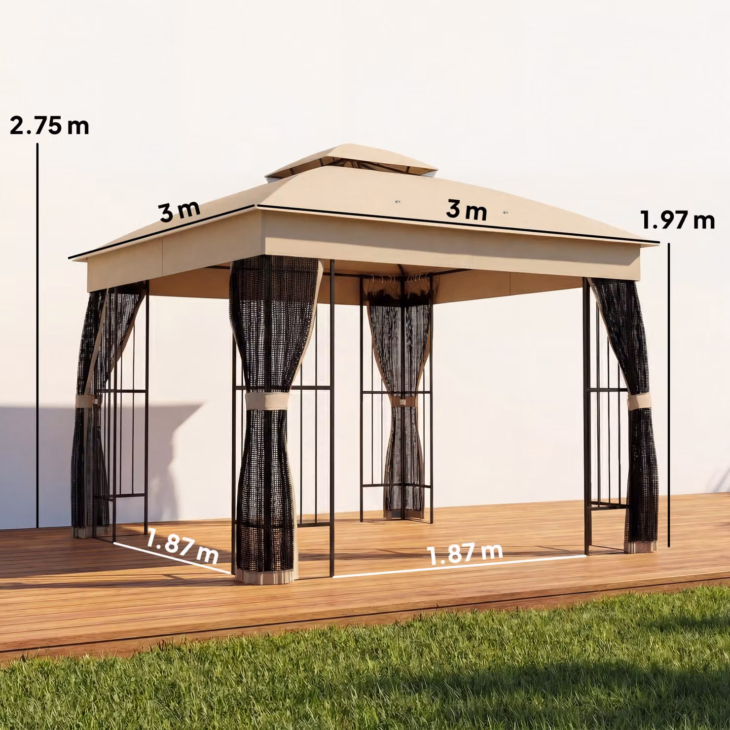 Outsunny Brown Outdoor Garden Gazebo with Post Shelves, UPF50+ Double Roof Permanent Patio Pavilion, W: 300 cm, D: 300 cm, H: 275 cm – 3
