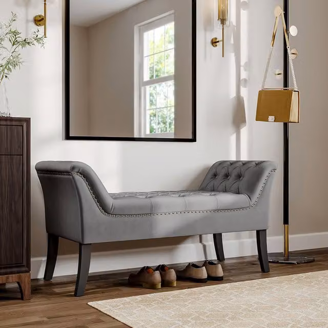 Livingandhome Modern Velvet Buttoned Bench with Armrests in Grey and Black