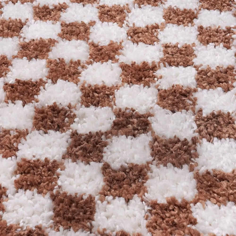 THE RUGS Moodi Chequered Shaggy High Pile Living Room Rug and Runner in Terracotta, W: 80 cm, L: 300 cm – 3
